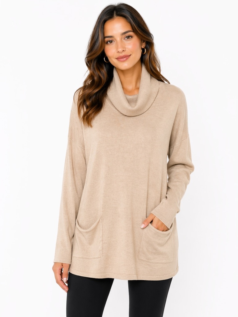 Tribal Size Small Women's Elegant Long Tunic Beige Sweater with Pockets